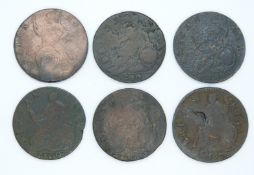 Six William III halfpennies, 1695, 1699 and four 1700, various grade F-VF
