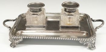 Victorian hallmarked silver standish or desk stand with gadrooned edge and twin loop handles, raised