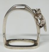 George VI novelty hallmarked silver miniature stirrup with fox, likely a napkin ring, Birmingham