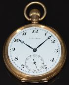 Lusitania gold plated keyless winding open faced pocket watch with subsidiary seconds dial, black
