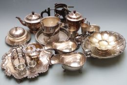 Silver plated ware including Christopher Dresser style bottle holder, galleried tray, salver and ice