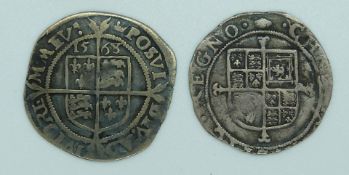 Elizabeth I 1568 sixpence crown coronet M.M and a Charles I sixpence