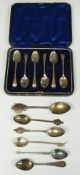 Cased set of six hallmarked silver teaspoons and further loose hallmarked and white metal spoons,
