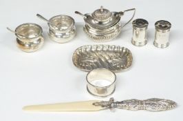 Hallmarked silver items comprising pair of peppers, pair of open salts, mustard, napkin ring, pin