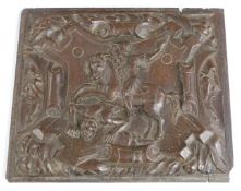 Antique carved oak panel depicting a Roman figure on horseback, possibly Saint Martin, width 38cm