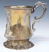 Victorian hallmarked silver christening mug or tankard with embossed decoration of a boy with dog,
