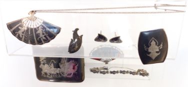 Siam silver cigarette case, brooches, earrings, necklace, etc