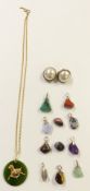 A set of agate pendants, nephrite jade pendant set with a 14k gold horse, silver earrings and a