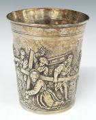 Continental white metal beaker with embossed scene of Christ carrying the cross, height 8.5cm,