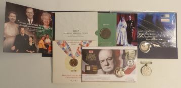 Four various commemorative crowns including Churchill 'Audio Coin' first day cover, Millennium