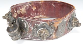 19thC Russian hallmarked silver and leather dog collar with padlock style lock. Decorated with