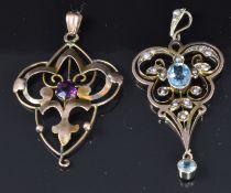 Two 9ct Edwardian pendants, one set with aquamarine and seed pearls and the other an amethyst, 4.6g