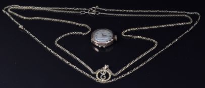 Two 9ct gold chains, 9ct gold pendant, 9.4g and a 9ct gold watch