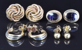 Four pairs of 9ct gold earrings, one pair set with fluorite, 6.5g