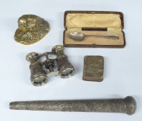 Cased hallmarked silver teaspoon, Eastern white metal cane handle, length 26cm, hallmarked silver