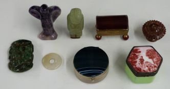 Hardstone items to include agate box, carved amethyst eagle, jadeite seal, box carved from a nut and