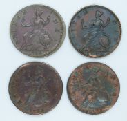 Four George II halfpennies to include 1730 GEOGIVS error example and a 1729, 1739 and 1749 group,