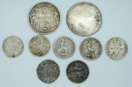 An interesting group of silver coins to include Elizabeth I half groat, Victorian 1901 Hong Kong 5