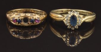 A 9ct gold ring set with a sapphire surrounded by diamonds and a 9ct gold ring, 4.1g