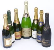 Seven bottles of Champagne and sparkling white wine including Raffles Champagne Grand Cru 12% vol,