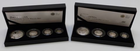 Royal Mint cased four coin silver Britannia sets 2011 and 2012, with certificates