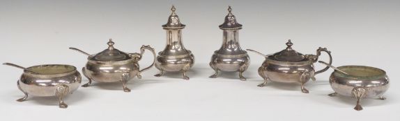 Edward VIII hallmarked silver six piece cruet set comprising two each of pepper, open salt and