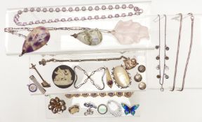A collection of jewellery including filigree bracelet, filigree brooch, enamel butterfly brooch,