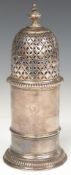 Victorian hallmarked silver sugar caster of Queen Anne design with pierced lid, London 1875, maker F
