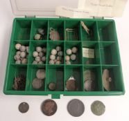A collection of metal detector finds etc including coins, musket balls, buckles etc
