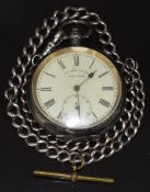 H E Peck of London silver open faced pocket watch with subsidiary seconds dial, black Roman
