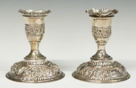 Pair of Victorian hallmarked silver squat candlesticks, London 1895, maker William Comyns & Sons,