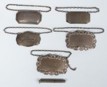 Five modern hallmarked silver bottle tickets comprising brandy, whisky, gin, port and sherry