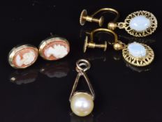 A pair of 9ct gold earrings set with opals, 9ct gold earrings set with a cameo to each (3.4g) and