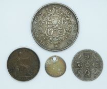 George III 1816 half crown, together with a 1787 sixpence, a worn Maundy coin holed for a watch