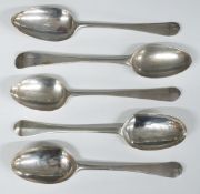 Five Georgian bottom hallmarked silver tablespoons, London 1767, 1766, 1727, 1779 and one other,