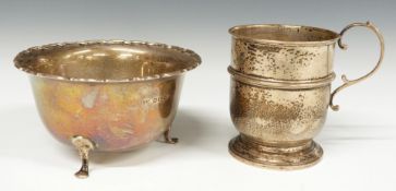 Hallmarked silver sugar bowl raised on three feet together with a hallmarked silver cup or