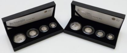 Royal Mint cased four coin silver proof Britannia 2008 and 2009, with certificates