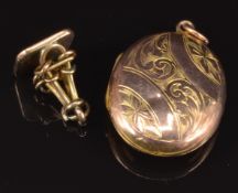 A 9ct rose gold locket with engraved decoration and a 9ct rose gold seal, 7.4g