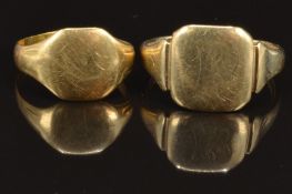 A 9ct gold signet ring, size R, 3g and a yellow metal signet ring, size M, 3g