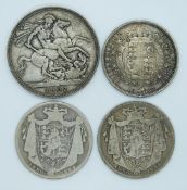 Three half crowns comprising two 1834 William IV and an 1837 Jubilee head (ex mount), together