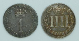 James II 1687 (7 over 6) Maundy four pence together with a 1689 William and Mary example, GV below