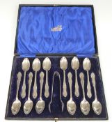 George V cased set of 12 hallmarked silver spoons and tongs, Sheffield 1913, in original Fattorini &