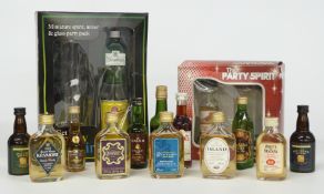 Twelve miniatures including Glenfiddich, Inverey and Isle of Mull whisky together with two gift