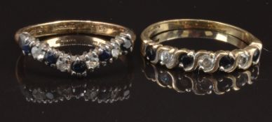 Two 9ct gold rings set with cubic zirconia and sapphires, sizes N & P, 3.7g