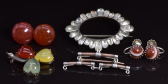 Victorian shamrock brooch set with heart shaped cabochons, Victorian foiled brooch, agate