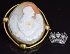 A yellow metal brooch set with a cameo (5 x 4.6cm) and a silver brooch in the form of a coronet