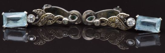 A pair of c1915 9ct white gold earrings set with aquamarines and diamonds