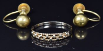A pair of 9ct gold earrings and a 9ct gold ring, 2.1g