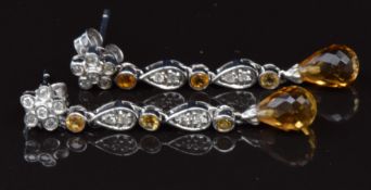 A pair of 18ct white gold earrings set with diamonds and citrines, 3.3cm, 3.3g
