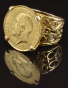 A 9ct gold ring set with a 1912 gold half sovereign, size N, 10.3g